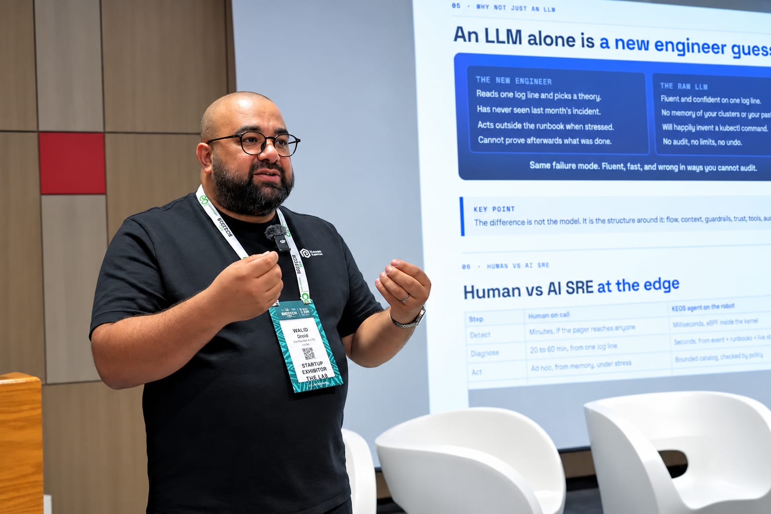 Walid Dridi speaking at BIGTECH AFRICA 2026 in front of a slide titled: an LLM alone is a new engineer guessing